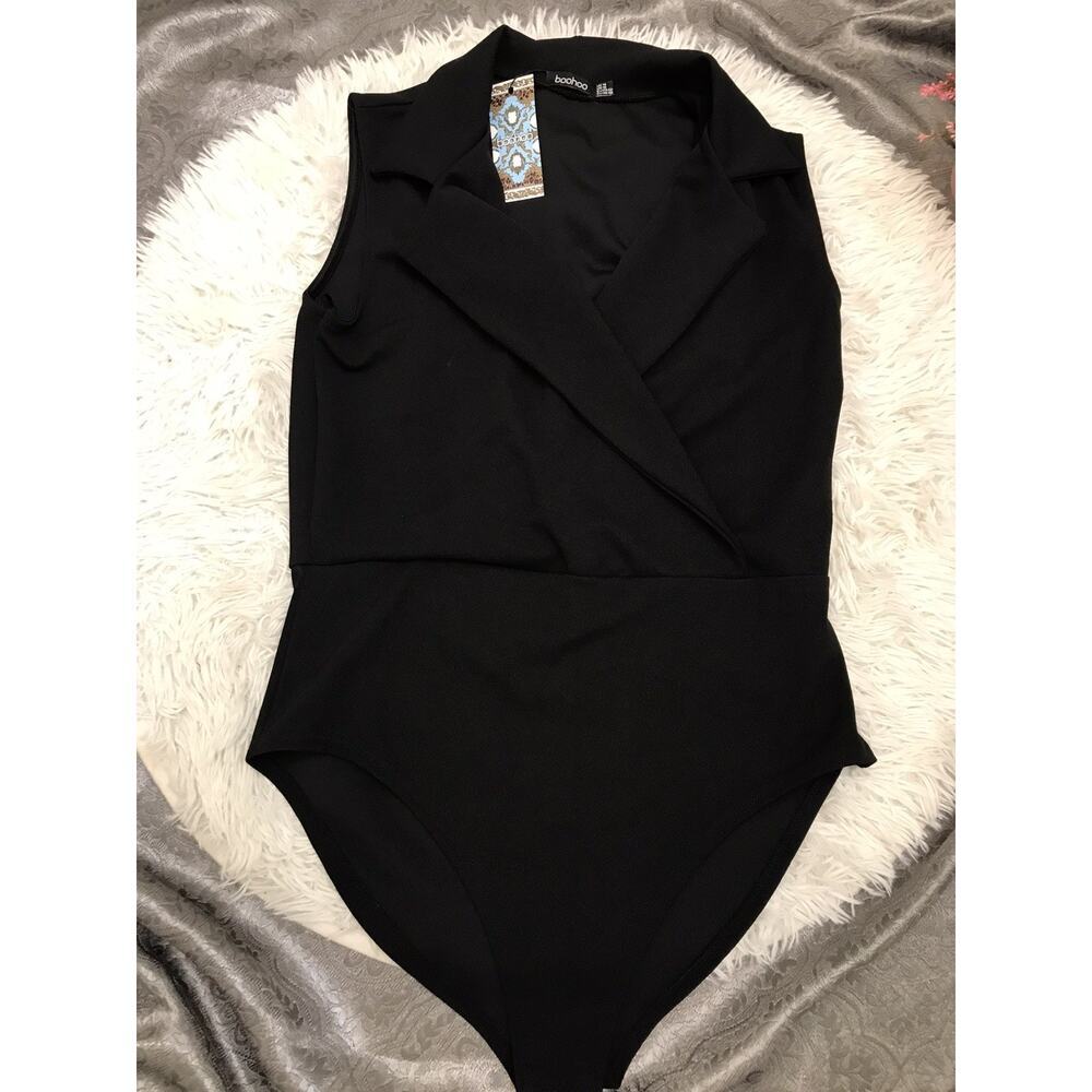 Women's Boohoo Black Body Suit Black Casual Business Top Turtle Neck Sz 10
